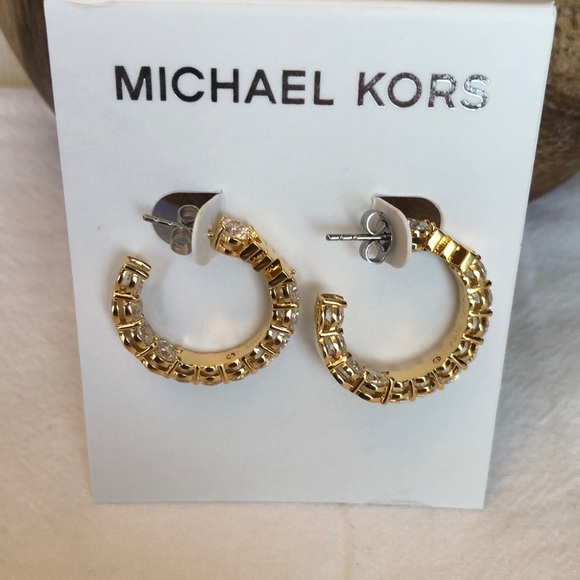 Michael Kors Gold Tone MK Logo & Cubic Zirconia Hoop Earrings NWT - Picture 2 of 16